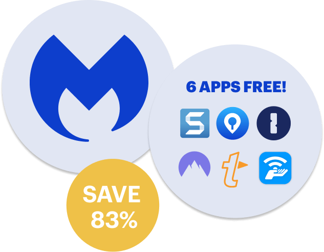 Two white cicles, one with the Malwarebytes M icon and the other with app icons for snagit, Malwarebytes Privacy VPN, 1 password, nordlocker, text expander and connectify. Text that says Save 83%